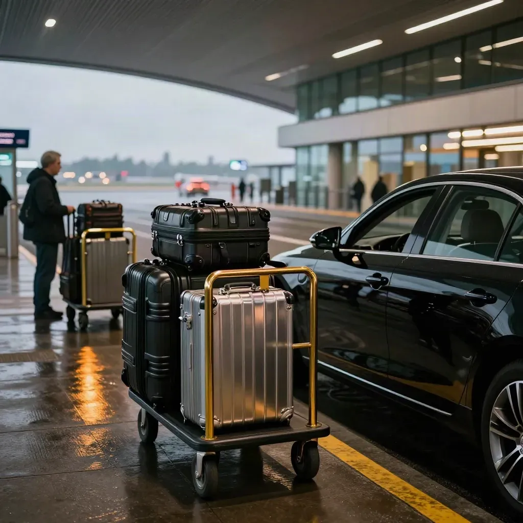 Auto nera, trolley in ottone e valigie al terminal privato al crepuscolo.