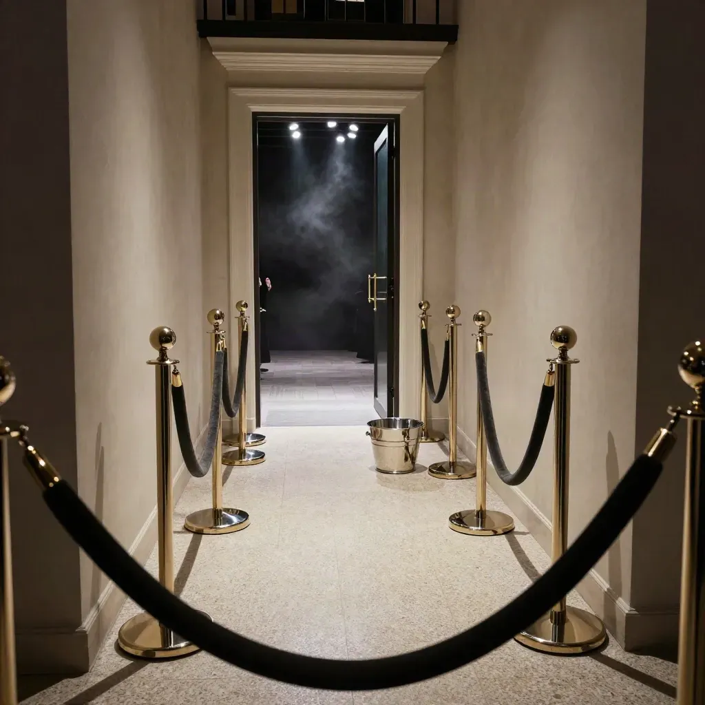 Corridoio VIP vuoto con corde di velluto, paletti cromati e porta luminosa in un venue moda.