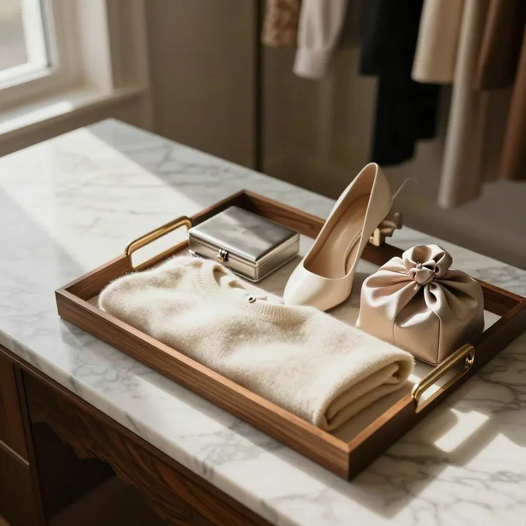 Vanity in marmo con cashmere, décolleté e cofanetto gioielli dopo un ritiro boutique.