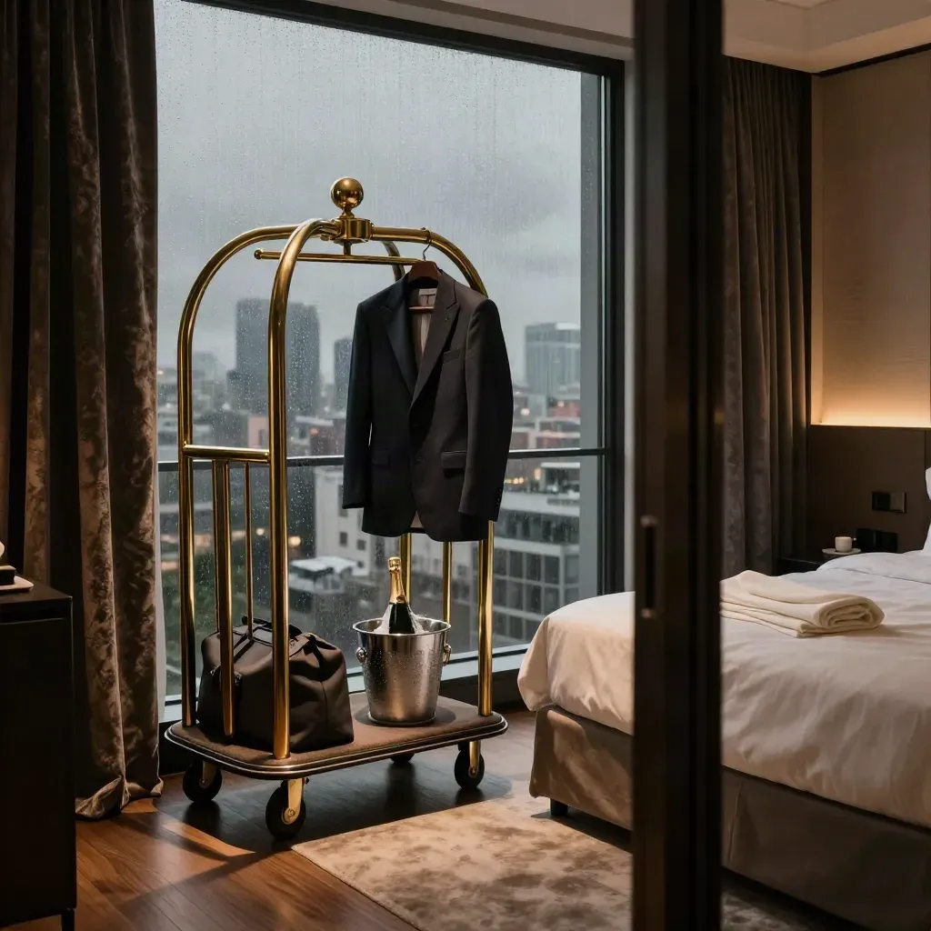 Suite milanese di lusso pronta per un gala, con champagne, abito scuro e skyline notturno.