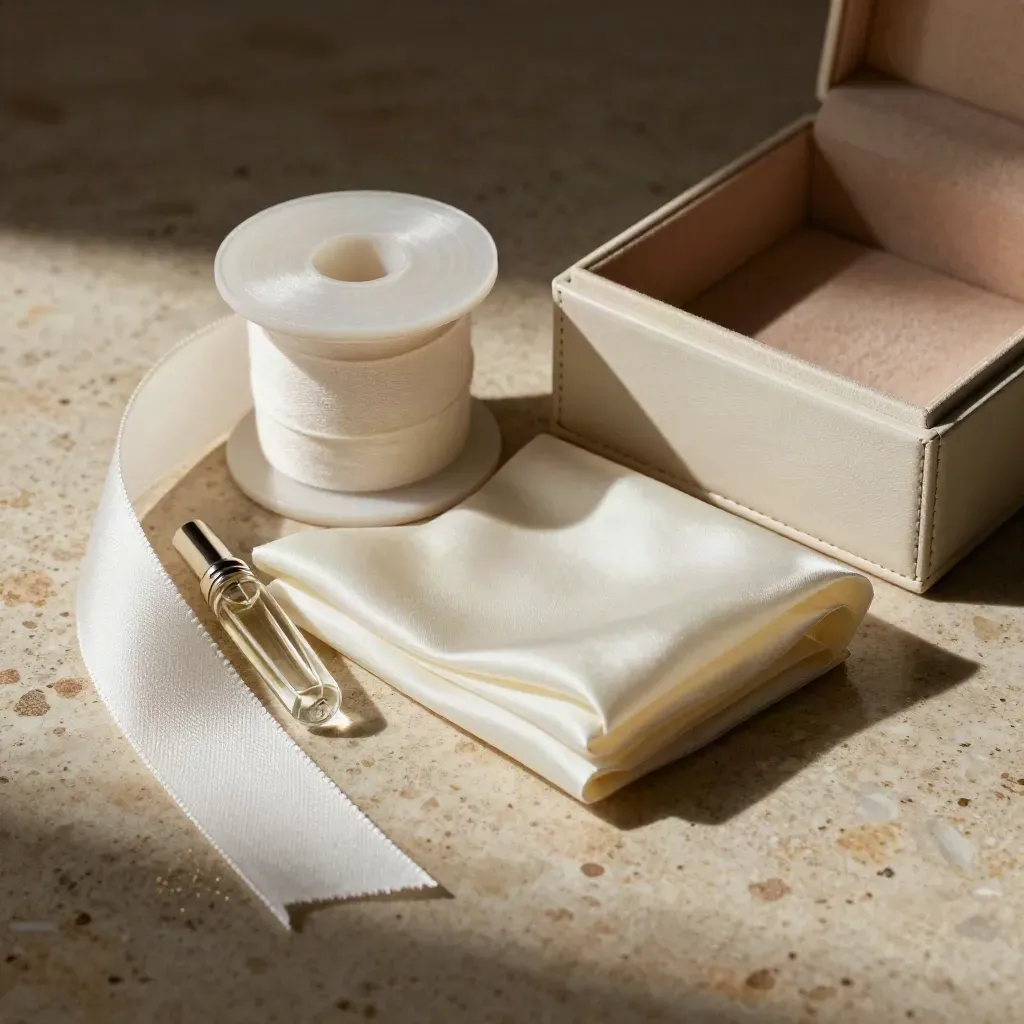 Natura morta di lusso con nastro cashmere, tessuto satinato, profumo e cofanetto su travertino.