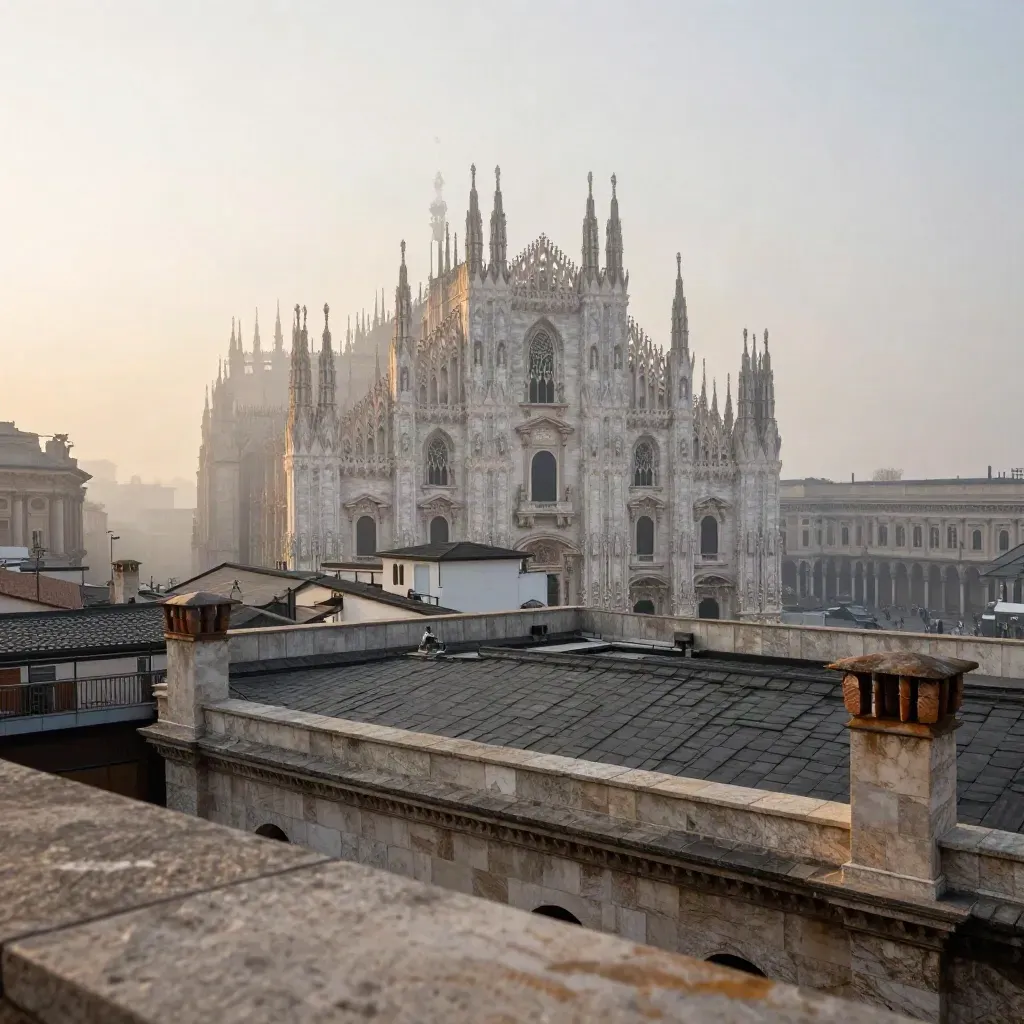 Milano all’alba con i tetti in travertino e le guglie del Duomo nella foschia.