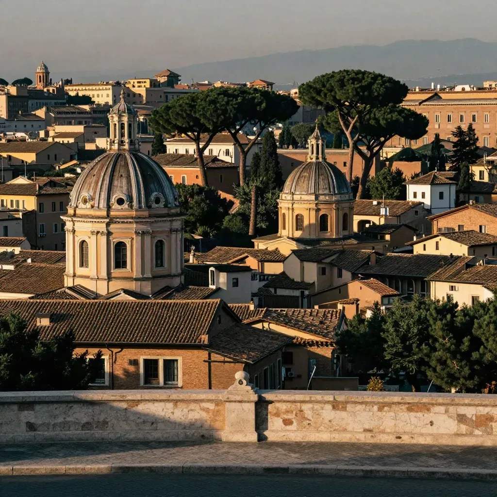 Roma dall’alto al tramonto con cupole, tetti terracotta e pini marittimi.