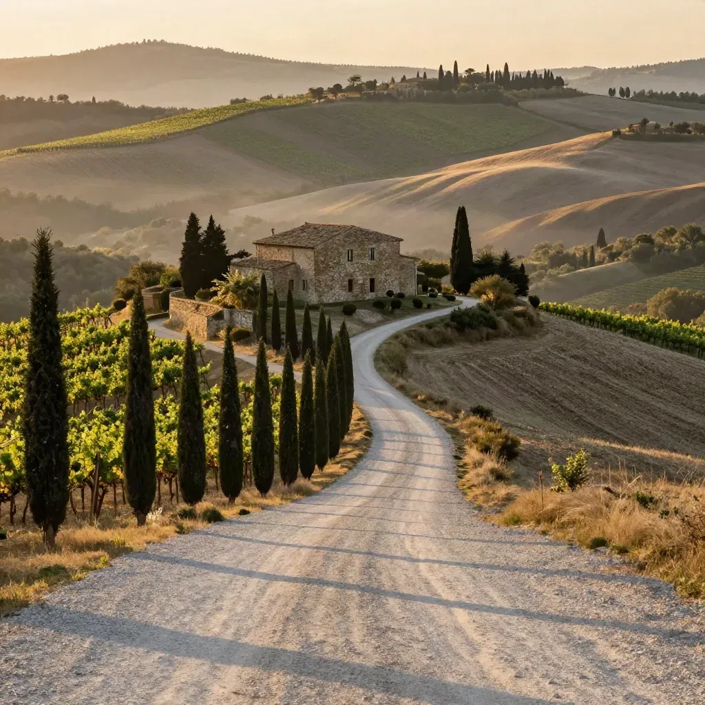 Colline toscane al tramonto con cipressi, casale in pietra e vigneti nella foschia.